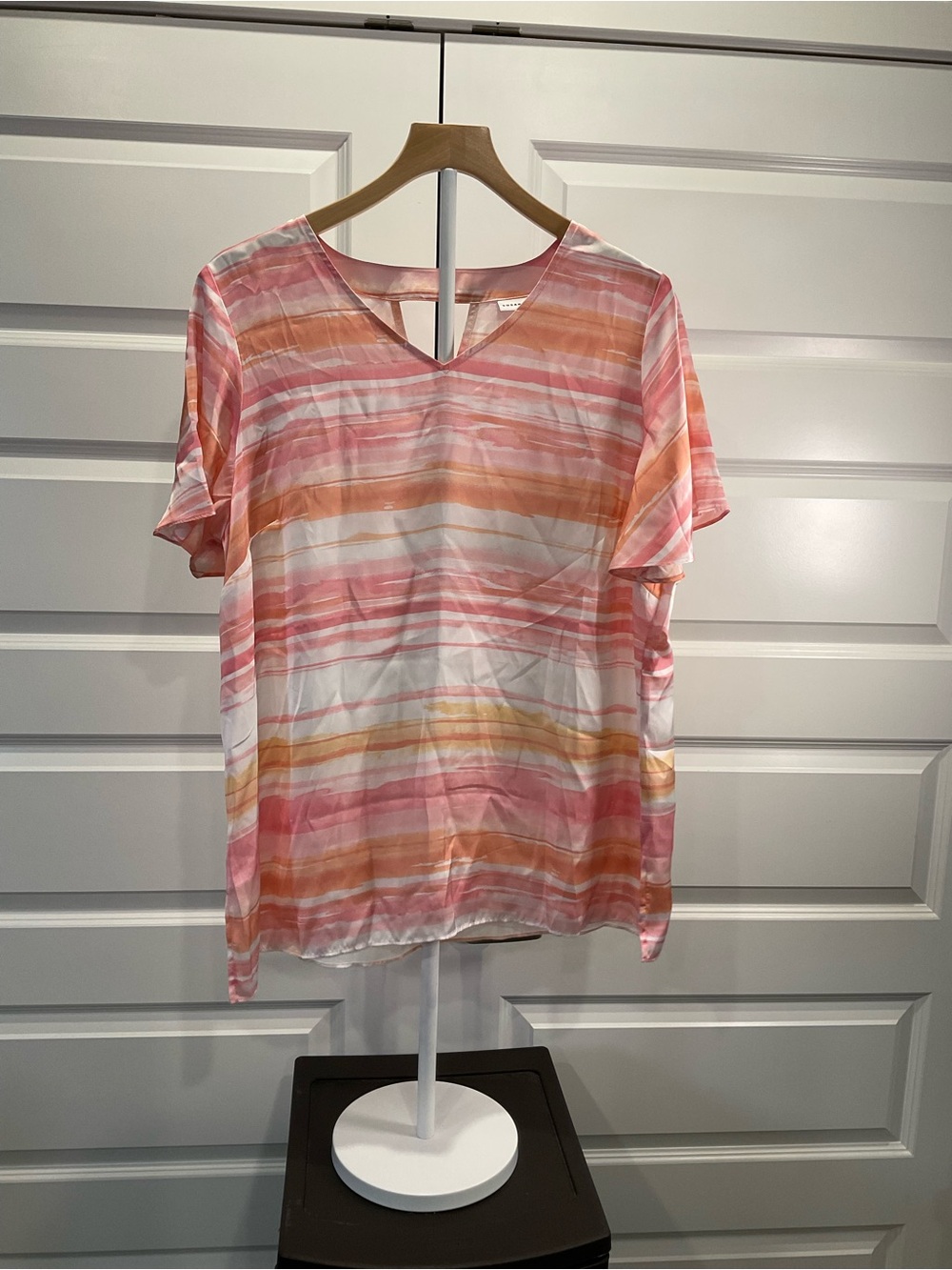 Susan Graver Watercolor Stripe V-Neck Short Sleeve Top in Pink & Peach